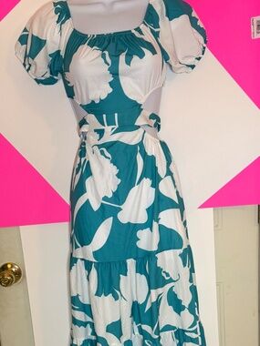 Tropical Teal & White Cutout Maxi Dress Small Beach Vacation Resort
